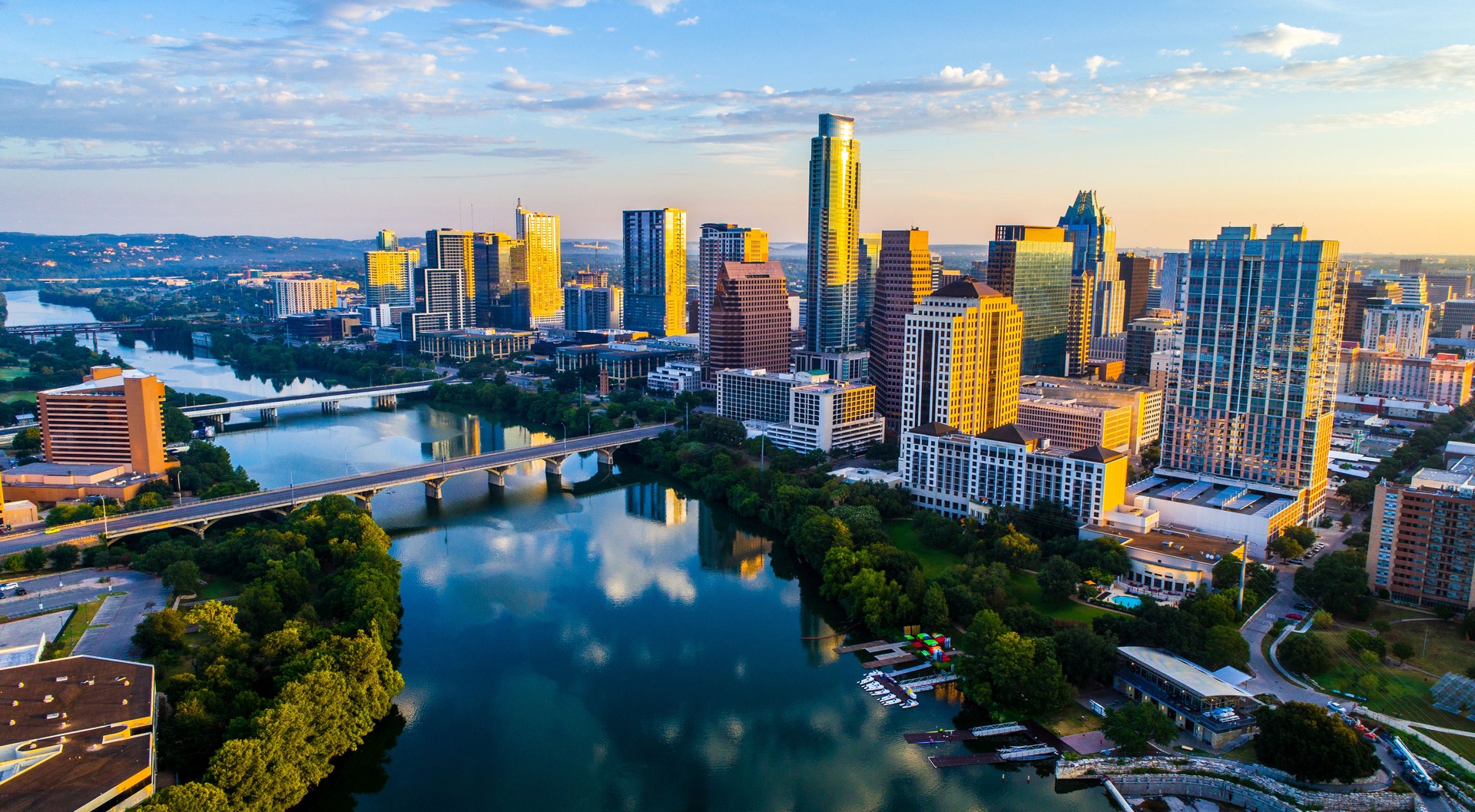Sunrise Cityscape Austin Texas at Golden Hour Above Tranquil Lady Bird Lake 2017